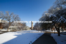 Spring trees covered in a blanket of snow surround the Mueller Bell Tower. An April snowstorm leaves