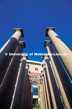Looking through the columns and the east side of Memorial Stadium. City Campus. April 25, 2020. 