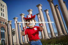 Herbie Husker in front of the columns by Memorial Stadium. On campus. April 30, 2020. 