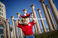 Herbie Husker in front of the columns by Memorial Stadium. On campus. April 30, 2020. 