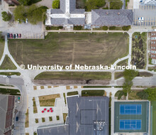 Aerial view of Raymond and Heppner Halls, The Courtyards, Tennis Courts, Willa Cather Dining Complex