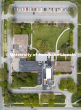 Aerial view of Hardin Hall. Drone photo is a composite of multiple images because of 400' ceiling fo