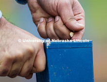 Ravi Mural drops a corn kernel into a hand planter. James Schnable's group hand plants corn and sorg