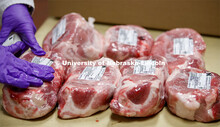 Labels are added to shrink-wrapped Pork Picnic Roast. UNL's Loeffel Meat Laboratory in partnership w