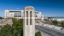 Mueller Bell Tower with Memorial Stadium in the background. Drone footage of City Campus. May 29, 20