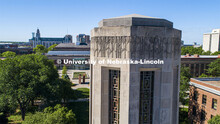 Detail of the top portion of the Mueller Bell Tower. Drone footage of City Campus. May 29, 2020. 