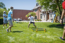 Alex Cathcart, a junior from Northridge, CA, plays spike ball with others during Sigma Chi recruitme