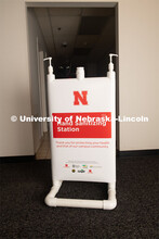 A finished Hand Sanitizer Station assembled by Housing Facilities staff at the UNL Facilities buildi