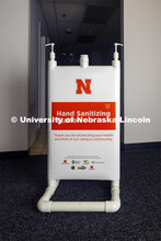 A finished Hand Sanitizer Station assembled by Housing Facilities staff at the UNL Facilities buildi