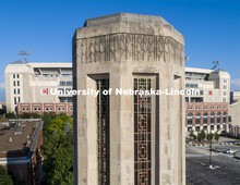 Details on the upper portion of the Mueller Bell Tower. City Campus. June 9, 2020. 