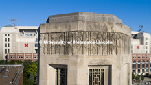 Details on the upper portion of the Mueller Bell Tower. City Campus. June 9, 2020. 