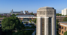 Details on the upper portion of the Mueller Bell Tower. City Campus. June 9, 2020. 