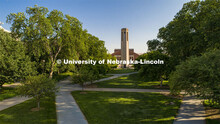 Mueller Bell Tower on City Campus looking north with the Coliseum in the background. June 9, 2020. 