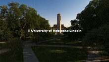 Mueller Bell Tower on City Campus looking north with the Coliseum in the background. June 9, 2020. 