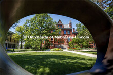Exterior shot of Architecture Hall looking through the Fragment X-O sculpture. June 11, 2020. 