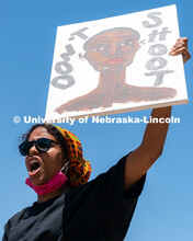 Batool Ibrahim leads protestors in chants outside of Andersen Hall on Saturday, June 13th, 2020, in 