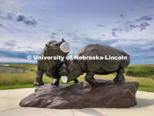 Ashfall rhinos, a sculpture by artist Gary Staab our outfitted with masks to welcome visitors to Ash