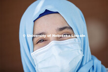 Sonoor Majid wears a mask. Photo shoot of students wearing masks and practicing social distancing. J