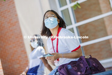 Sandhya Karki wears a mask. Photo shoot of students wearing masks and practicing social distancing. 