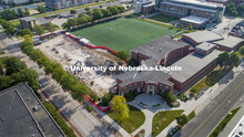 Aerial view, Mabel Lee demolition finishes up. June 26, 2020. 