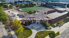 Aerial view, Mabel Lee demolition finishes up. June 26, 2020. 