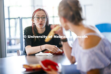 Students eating in the Willa Cather Dining Center. Photo shoot of students wearing masks and practic