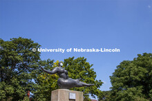 Floating Figure, a sculpture by Gaston Lachaise, is one of many UNL campus sculptures wearing masks.