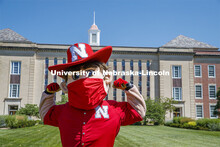 Herbie Husker wears a protective mask while he poses on campus. July 09, 2020. 