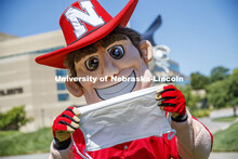 Herbie Husker wears a protective mask while he poses on campus. July 09, 2020. 
