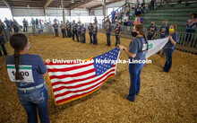 Participants in the sheep show at the Platte County Fair in Columbus, NE, pledge allegiance to the f