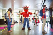 Photo shoot of students with Herbie on city campus display mask wearing, social distancing. Students