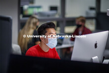 A masked student works on a computer in Anderson Hall. Photo shoot of students wearing masks and pra