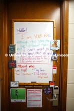 A first day welcome message adorns the door of the 8th floor Resident Assistant. First day of reside