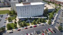 Aerial view of Harper Hall. First day of residence hall move in. August 13, 2020. 