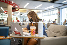 Mia Pancoe, a sophomore from Bellevue, NE, studies in the Adele Coryell Hall Learning Commons. First