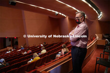 Chancellor Ronnie Green stands in the back of a class held inside the Lied Center. First day for in-