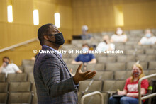 Uche Jarrett teaches Intro to International Economics in the College of Business. First day for in-p