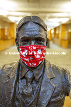 A masked Roscoe Pound bust sits in the entry of the Law Library. Law college photo shoot. September 