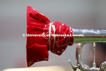 Band members have used ingenuity to cover their horn's bell. Cornhusker Marching Band practice in Co