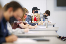 Brenna Paul (red mask) works on a writing assignment. Honor’s Program learning assistant story in 