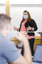 Kelli Saunders teaches her accounting 831 course in Hawks Hall. September 14, 2020. 