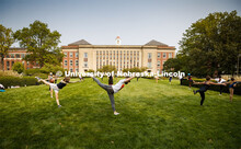Susan Ourada teachers her DANC 112 - Modern Dance I class outside Thursday in front of Love Library.