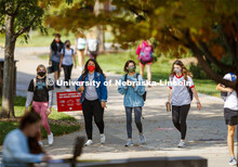 Students cross campus to get to classes. Wearing masks on city campus. September 21, 2020. 