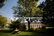 Sydnie Reeves, a sophomore from Auburn, NE, zooms her class from a sunny picnic table on city campus