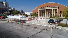 Jeff Culbertson, assistant director of operations for Landscape Services, places a traffic cone near