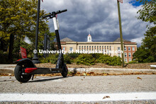 Scooters park in a designated area south of Love Library. September 28, 2020. 