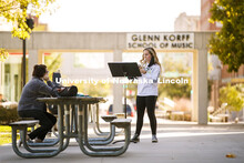 Horn practice outside Westbrook Music Hall. On campus. September 30, 2020. 