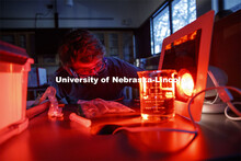 Isaac Kramer, sophomore from Lincoln, Nebraska, sees how spinach leaf punches react to red light in 