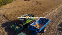 A combine works through a corn field north of Adams, NE. Fall harvest. October 7, 2020. 