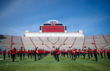 Cornhusker Marching Band, Cheer Squad and Homecoming Royalty met in the empty Memorial Stadium to re